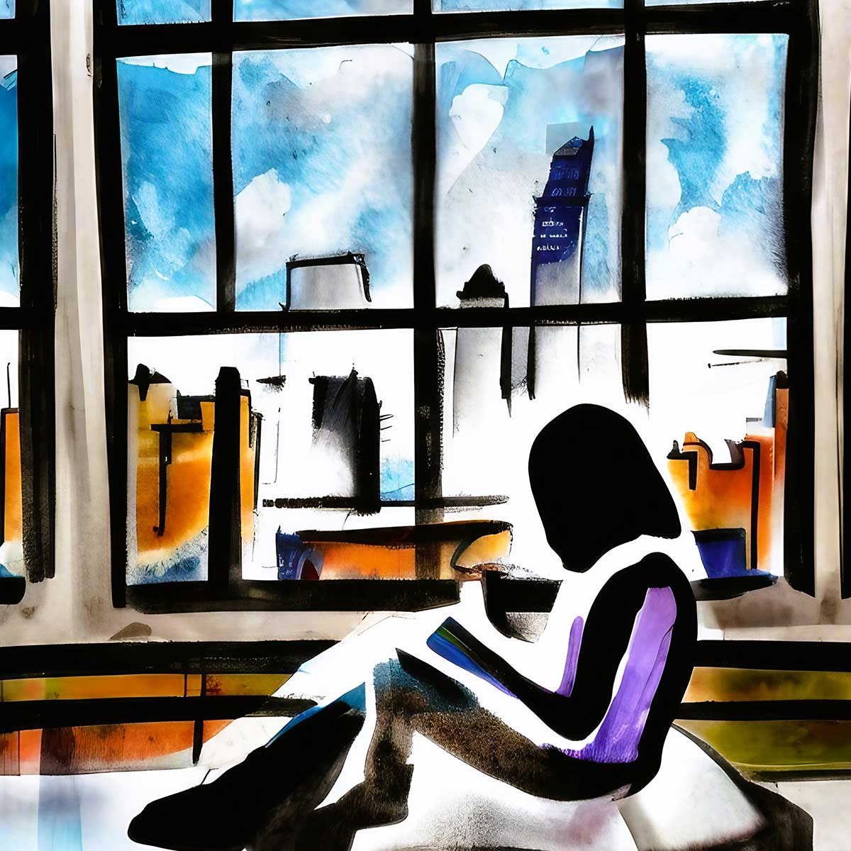 Bold-line illustration of person journaling in front of large windows with view of city skyline.