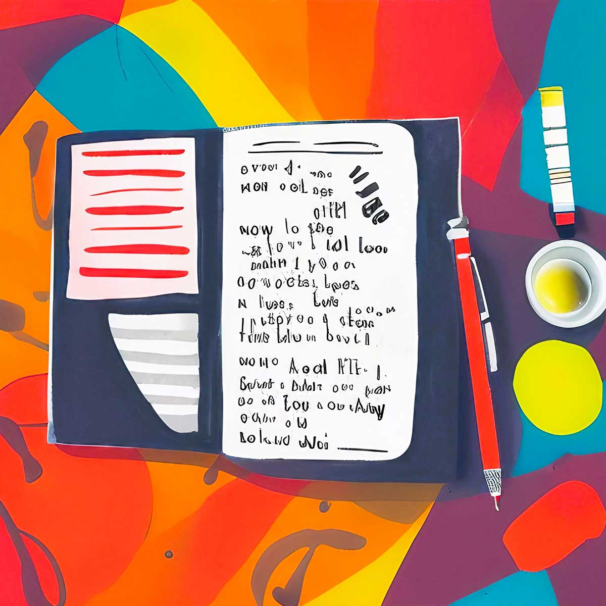 Illustration of open journal and pen on bright multi-color background.