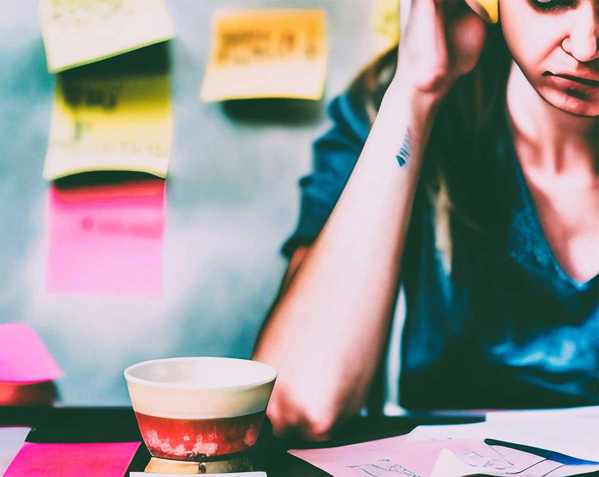 Illustration of woman sitting at desk surrounded by sticky notes with a tea cup next to her elbow.