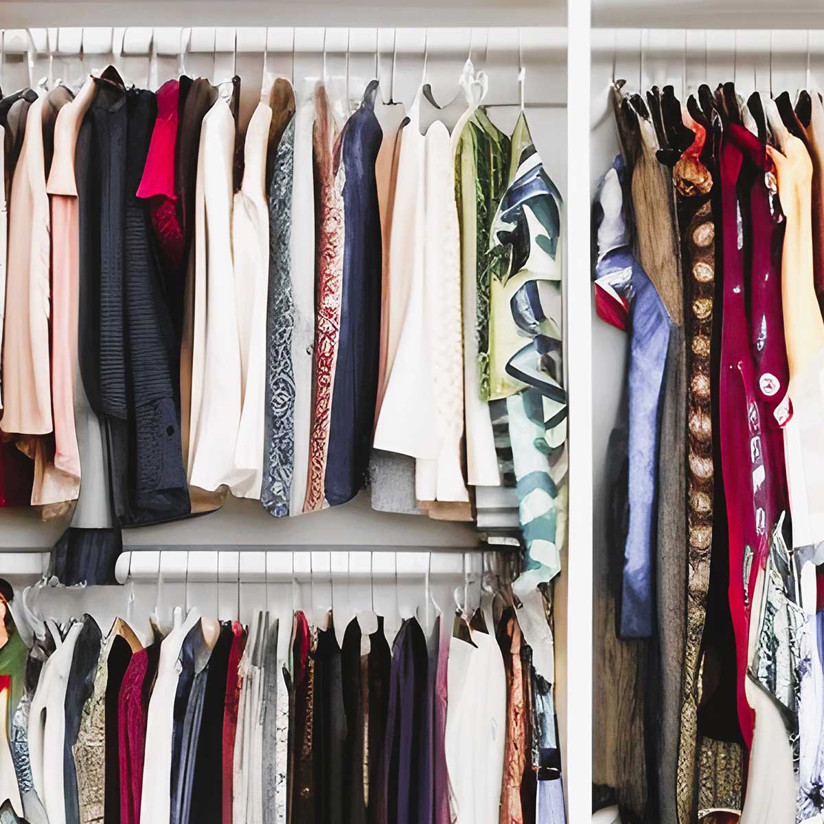 Clothes hanging neatly on double closet rods.