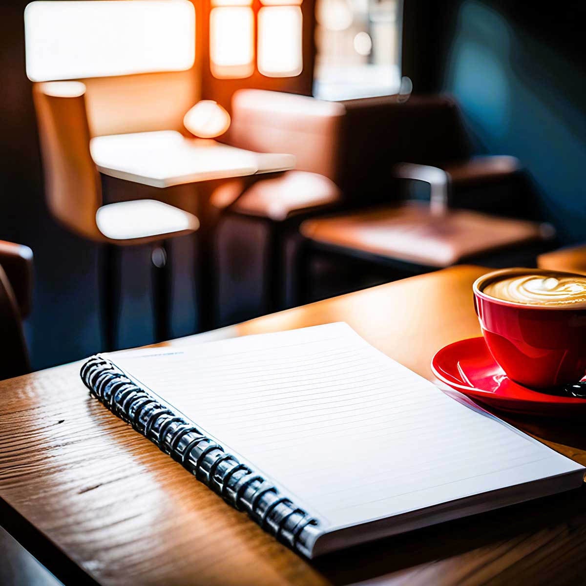 Open notebook and red coffee cup on wooden table at a cozy coffee shop.