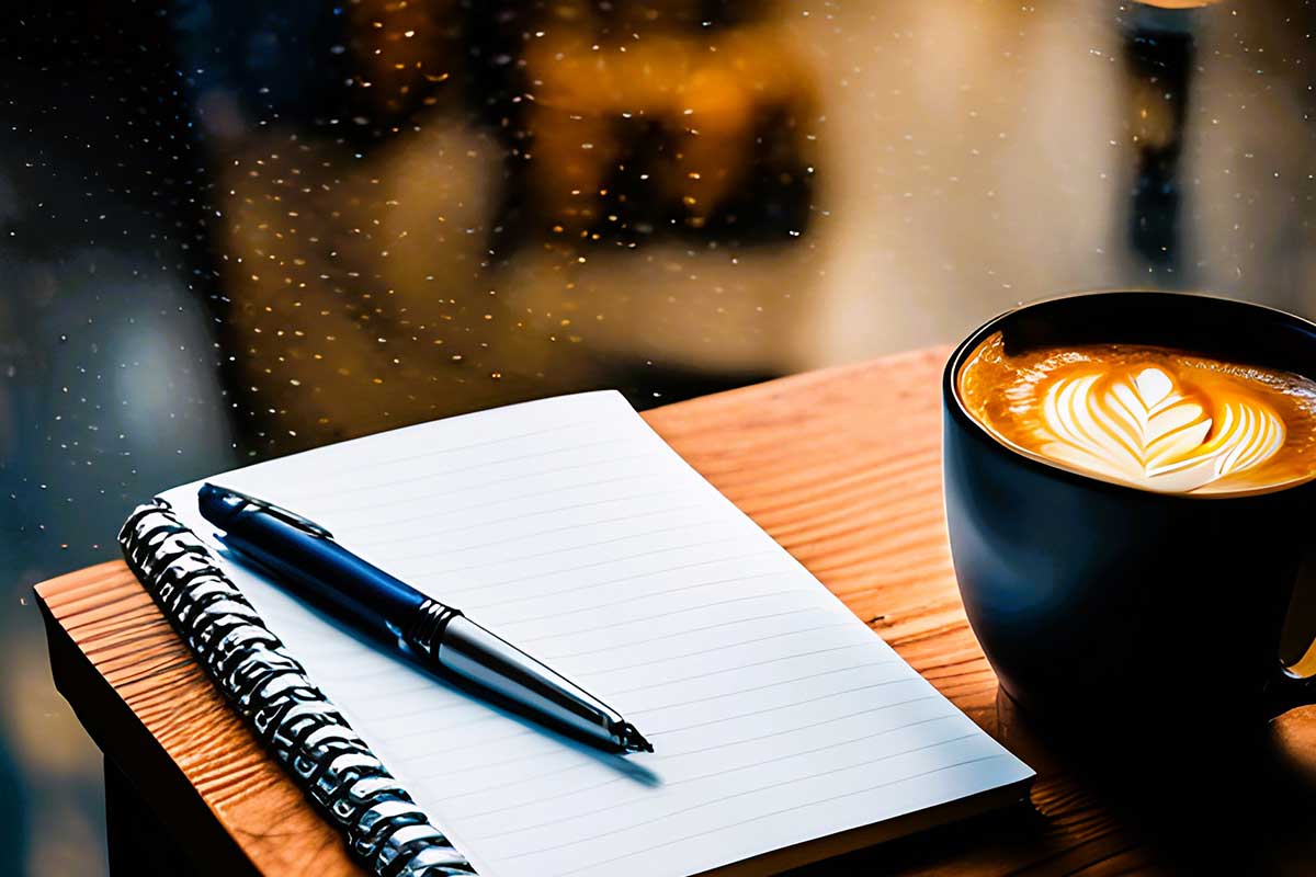 Notebook with pen next to coffee mug on wooden table in front of window on a rainy day.