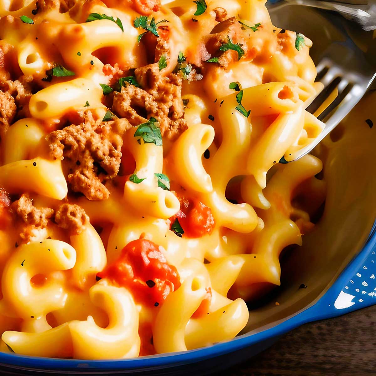 Beefy cheesy mac in ceramic casserole dish with blue edge.