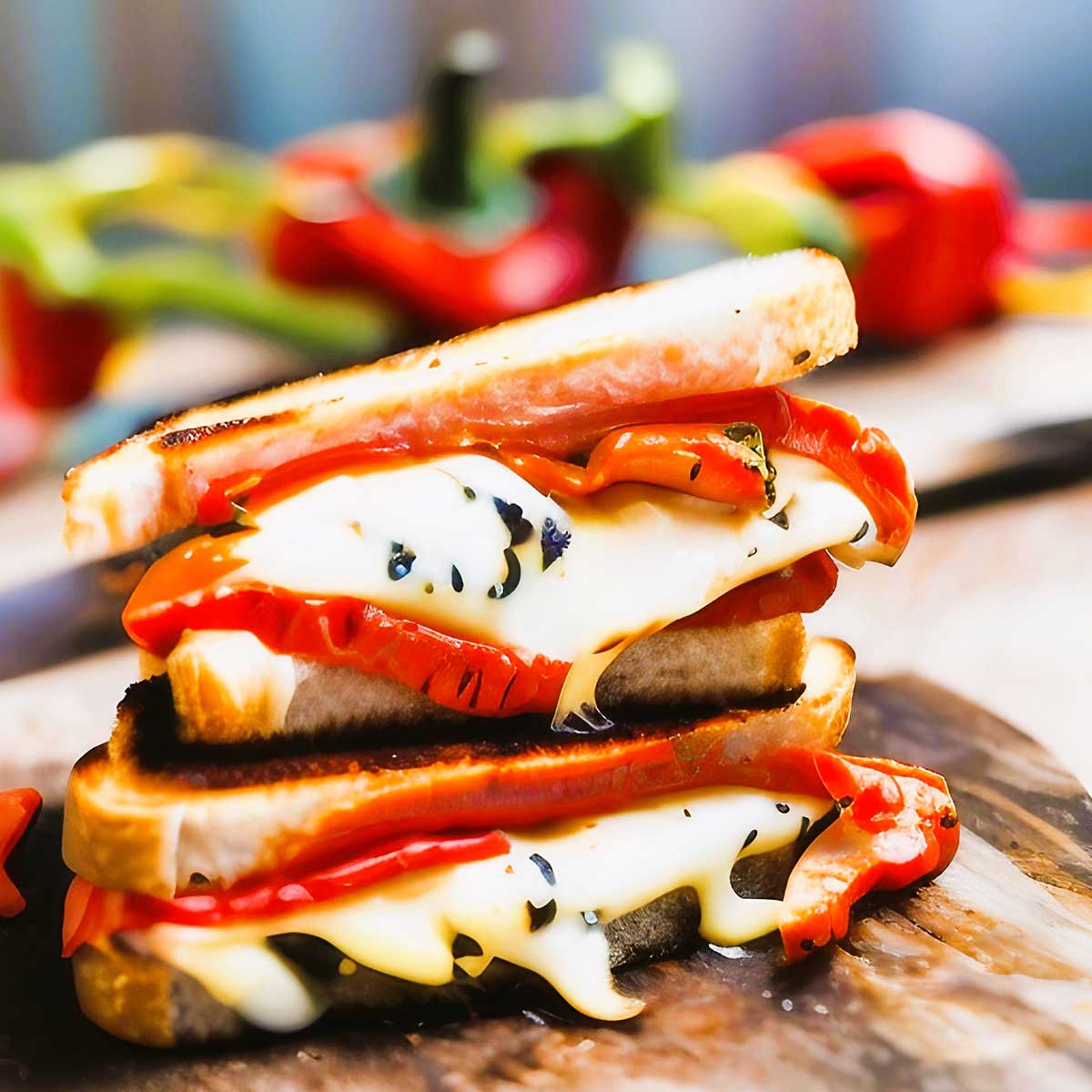 Grilled mozzarella and roasted red pepper sandwich on wooden plate with a blurry background of whole peppers.