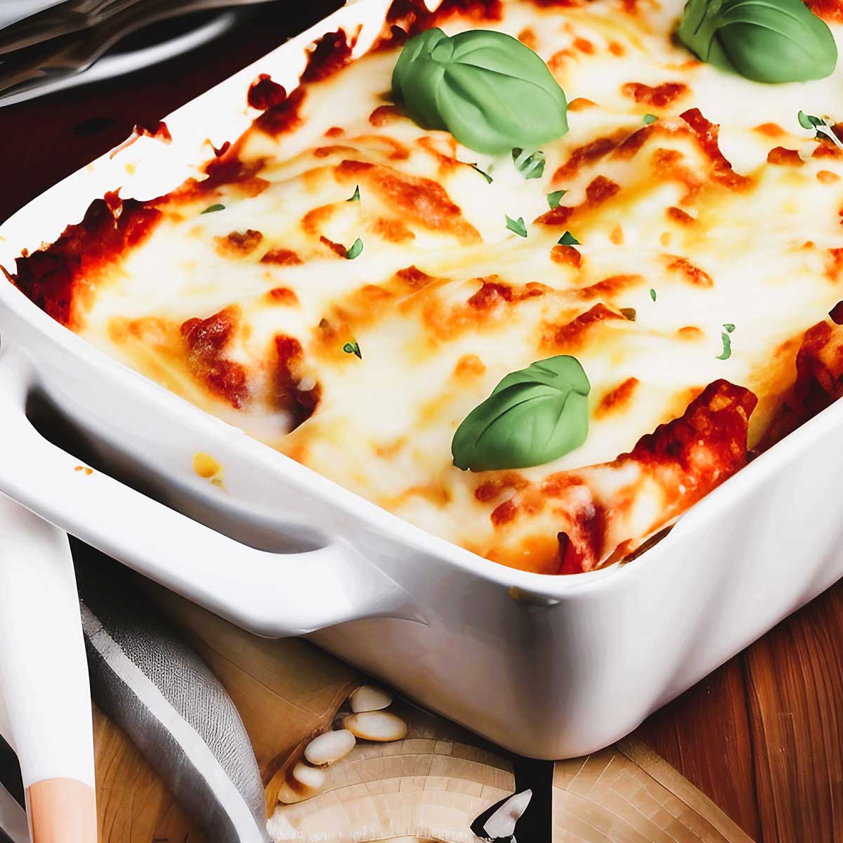 White casserole dish of white chicken lasagna and basil leaves on rustic countertop.