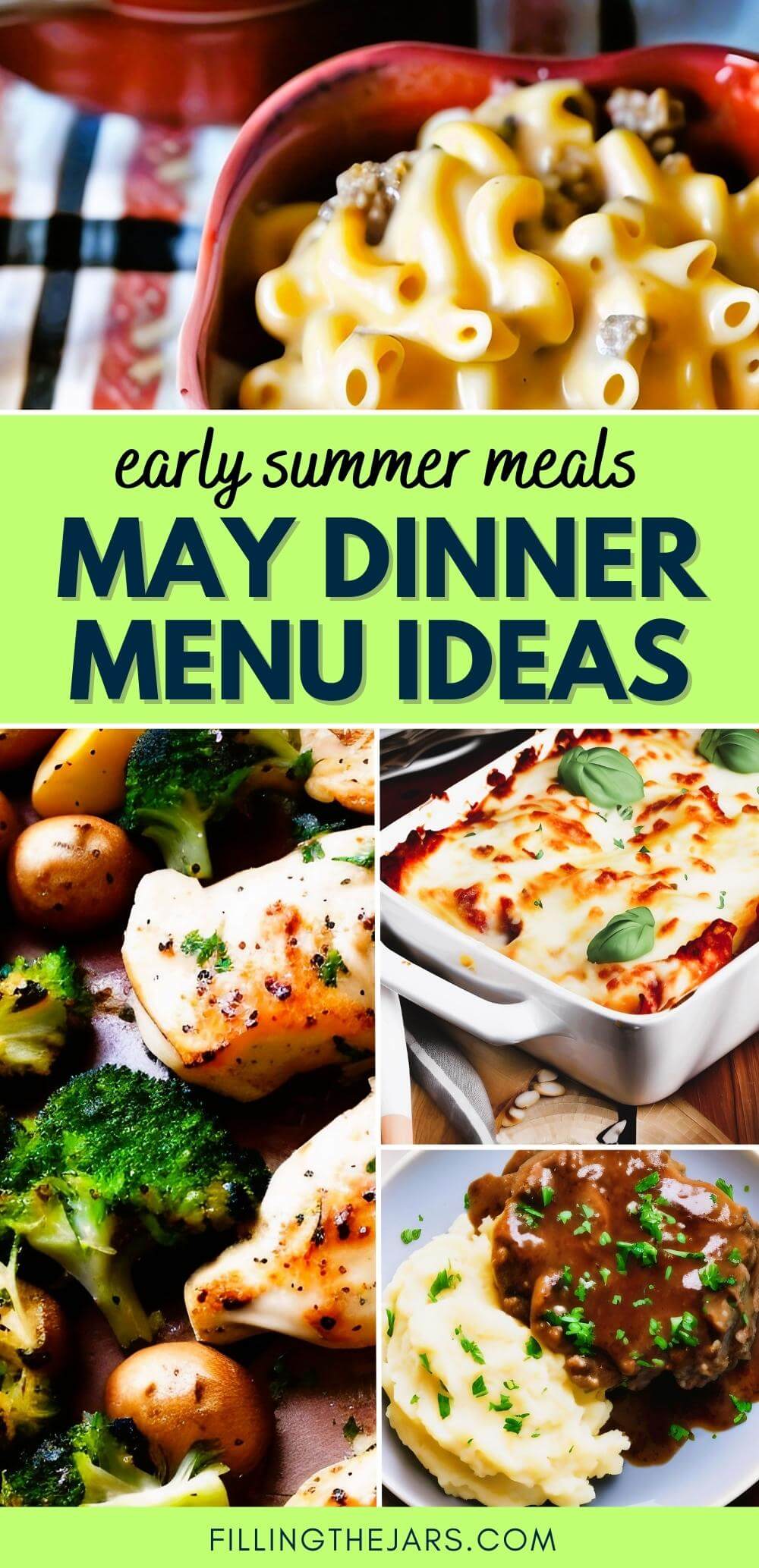Text early summer meals May dinner menu ideas on light green banner over multiple finished dinner images.