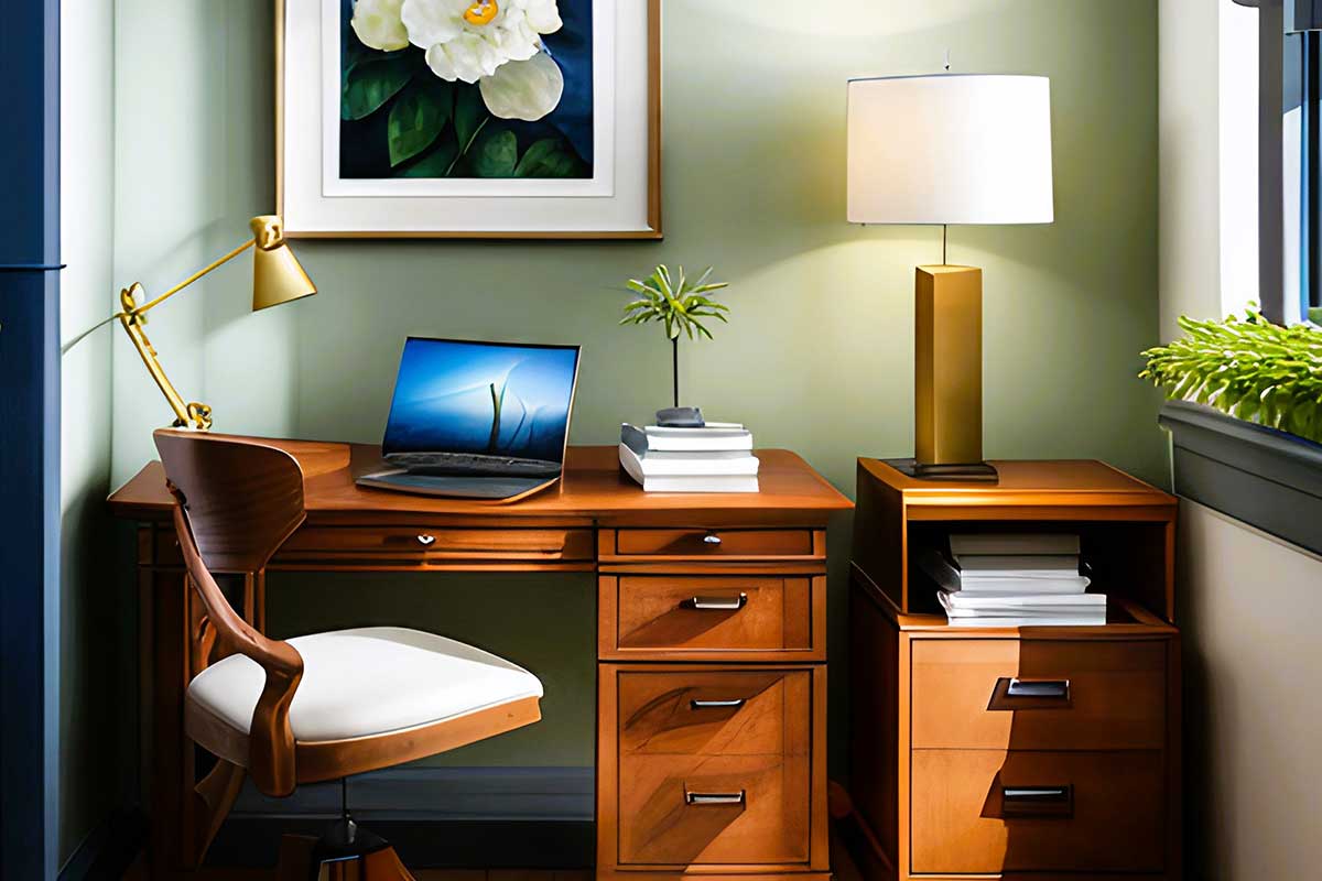 Illustration of organized home office space with wooden furniture and pale green walls on a sunny day.