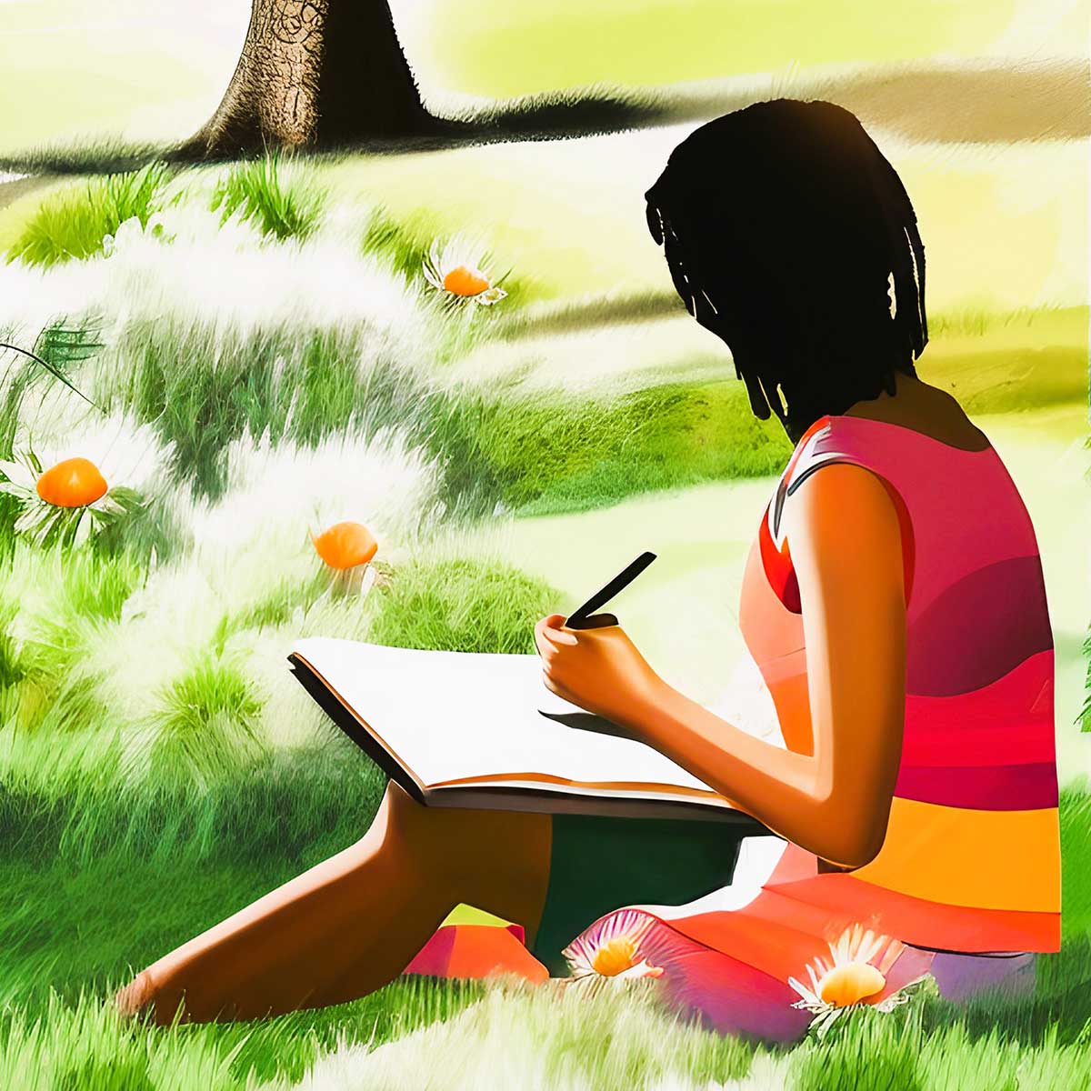 Illustration of a woman with colorful summer clothing sitting in a meadow and journaling.