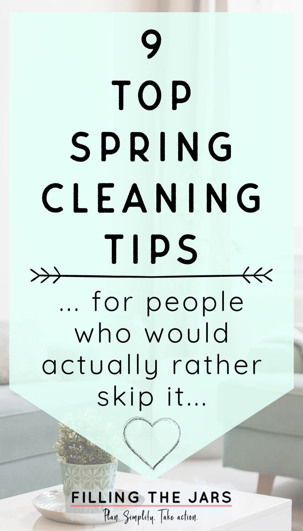 Text 9 top spring cleaning tips on pale turquoise background.