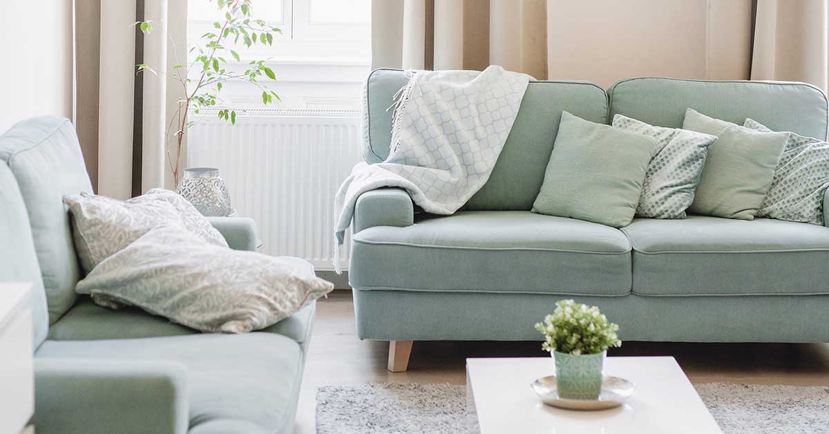 Clean and calm living room scene with light blue couches and neutral decor.