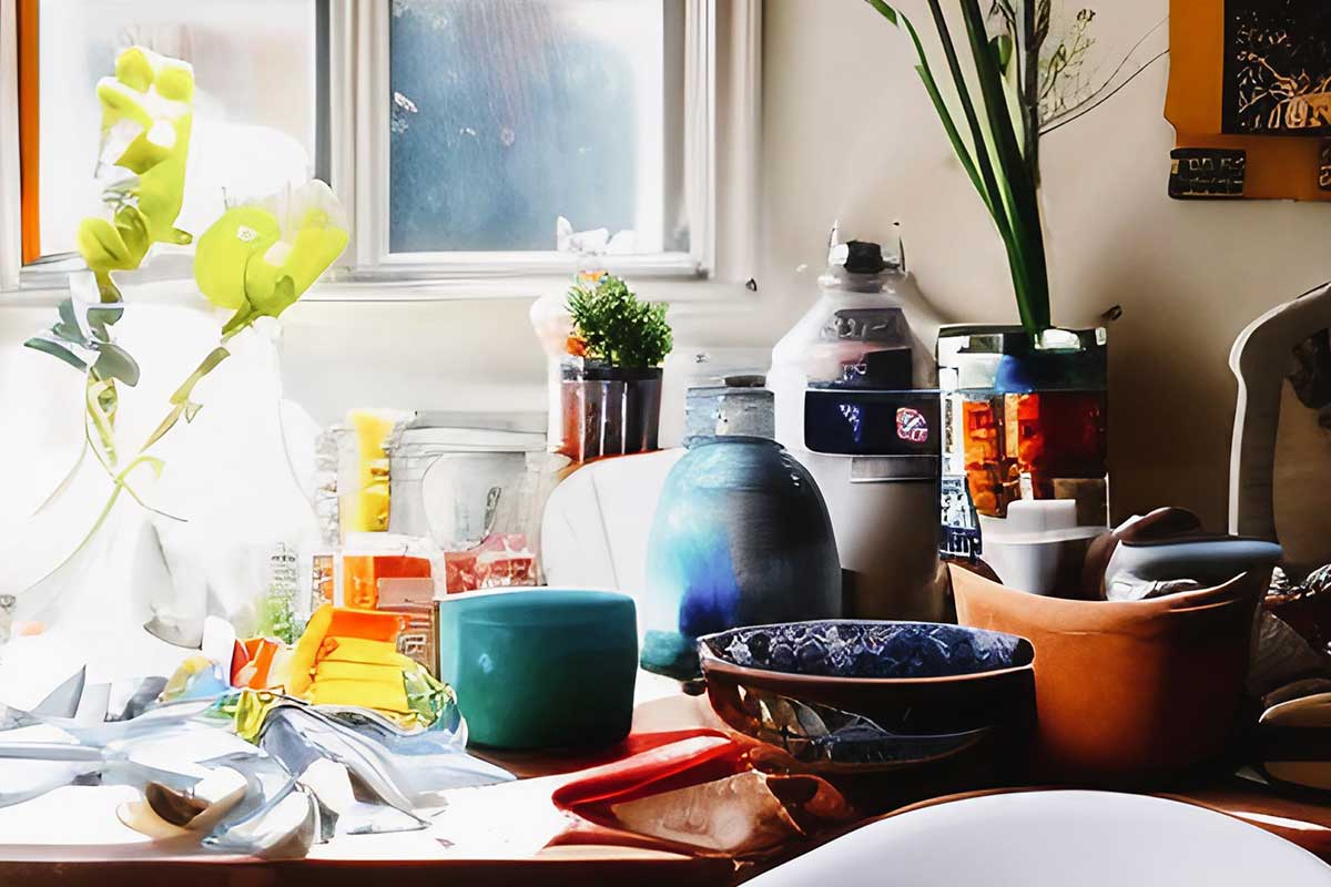 Messy table before spring decluttering.