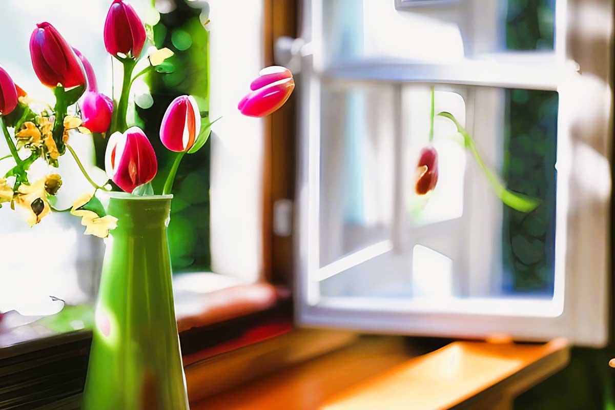 Green vase with pink tulips on wood shelf in front of open window on bright spring day.