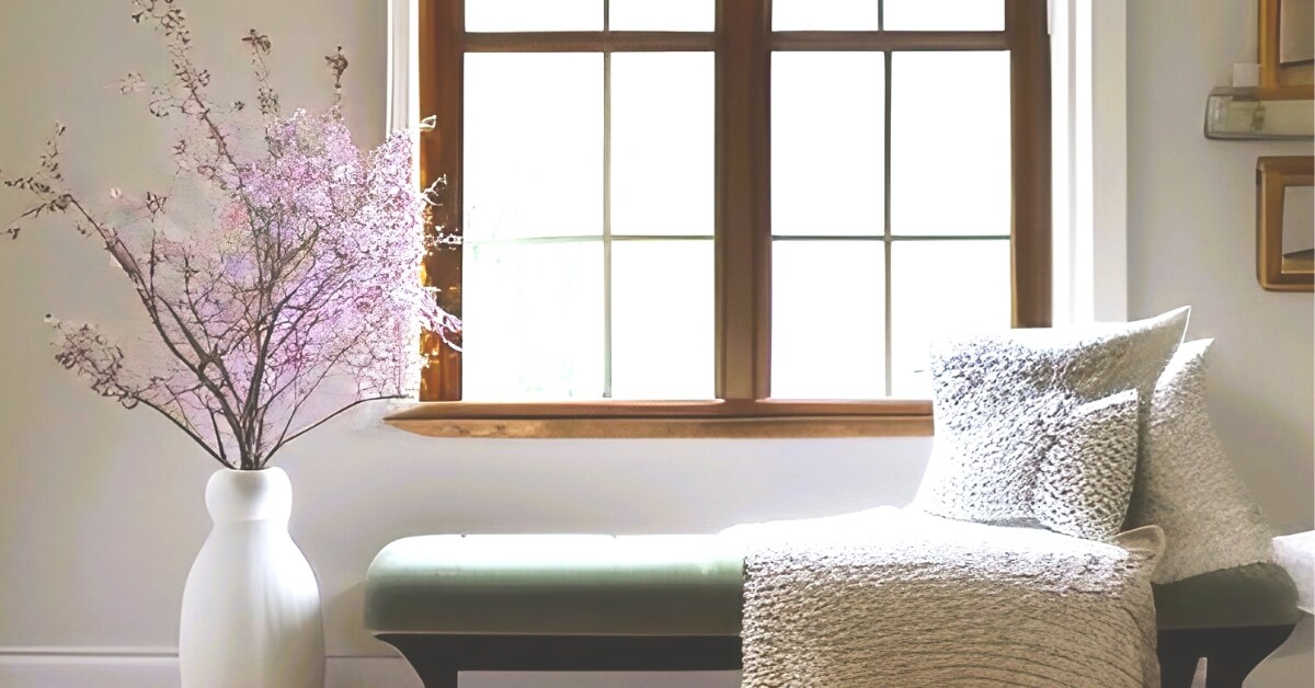 Bright simple room with flowers and bench in front of window after spring decluttering.