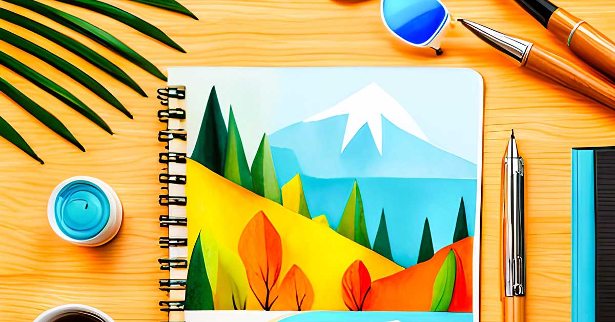 Illustrated flatlay of summer journal, pens, sunglasses on a wood table.