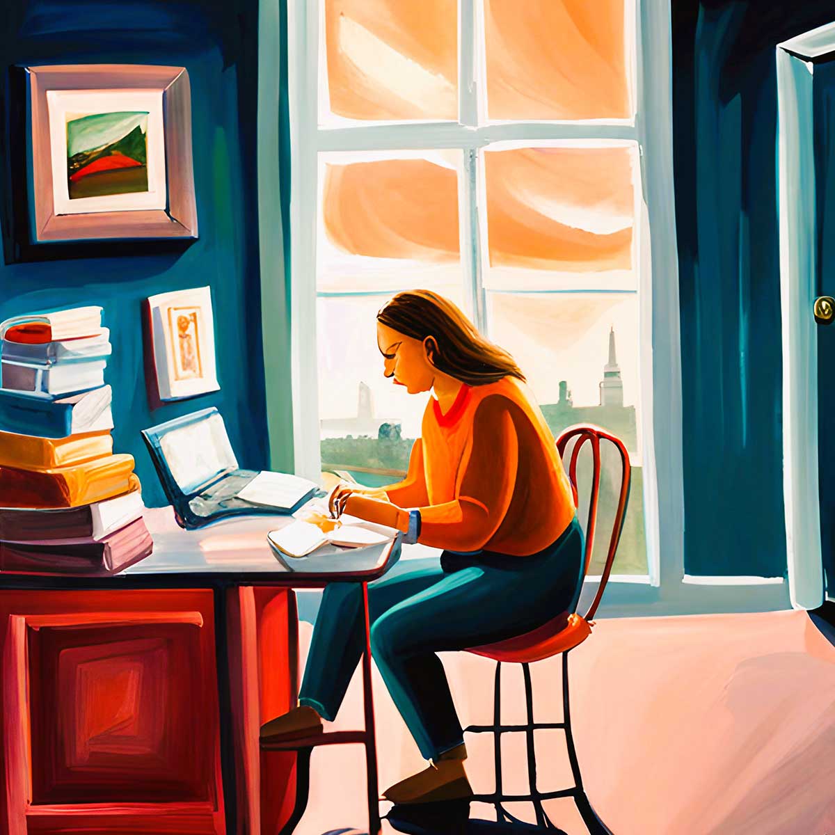 Illustration of woman sitting at her home desk and doing Sunday planning for the week.