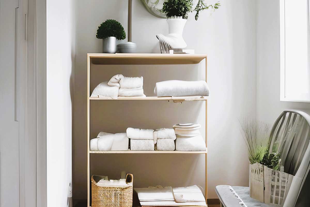 Tidy linens shelf in bright minimalist-style room after spring decluttering.