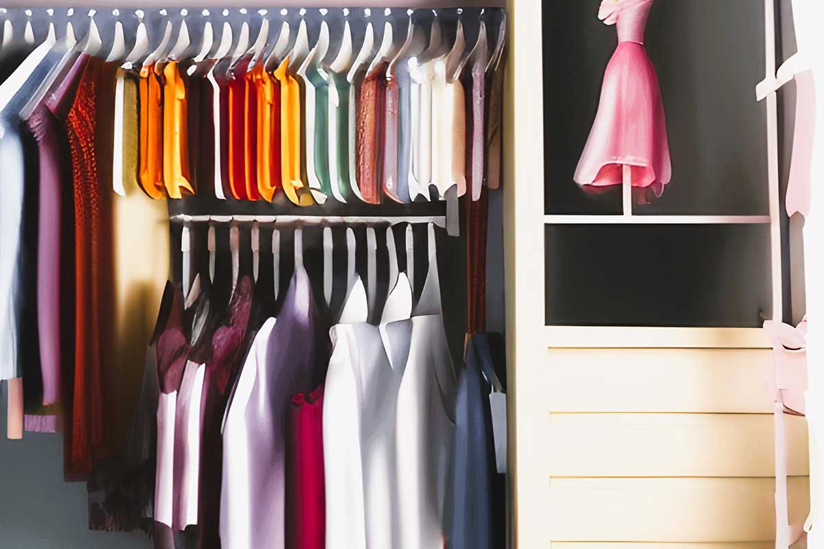 Realistic illustration of an organized closet with neatly managed wardrobe of hanging clothing.