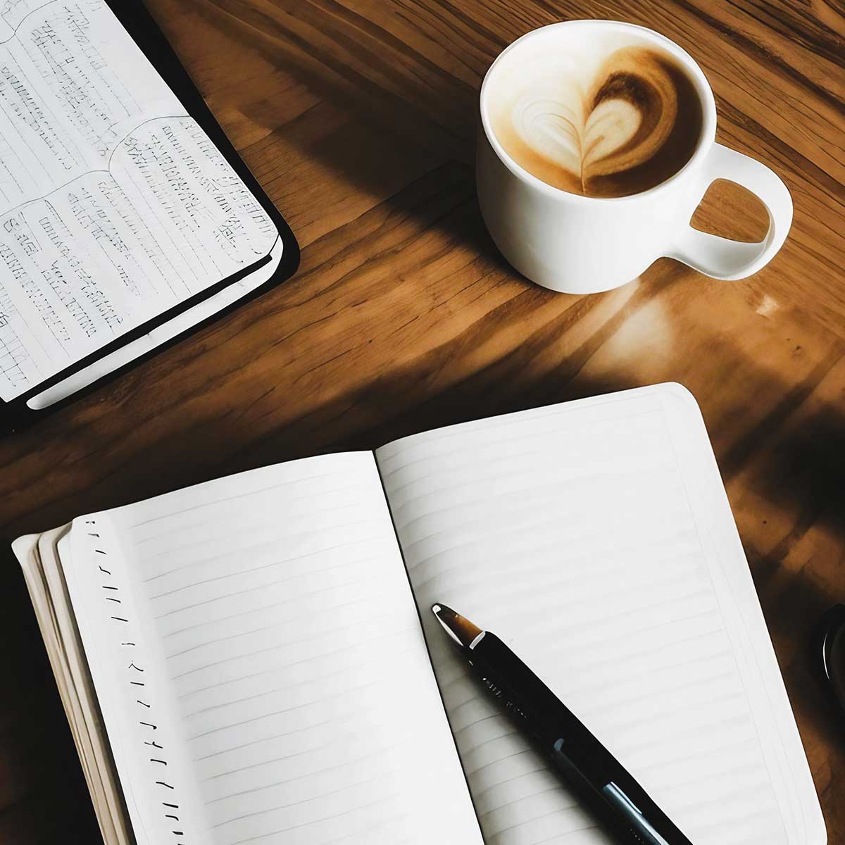 Coffee and open journals with pen on woodgrain table.