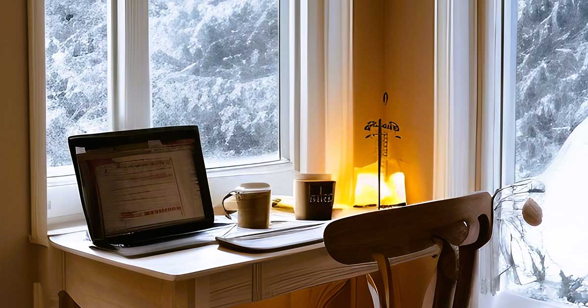 Winter writing workspace ready for January creative writing with winter view from windows.