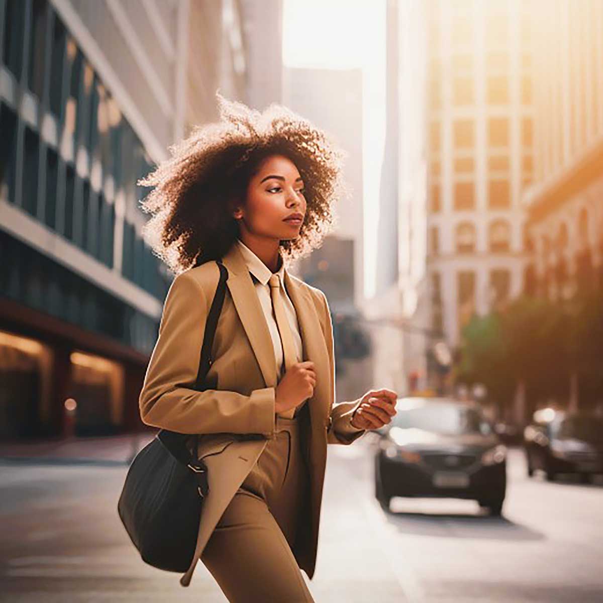 Young Black woman in business attire walking in a city in morning sunlight.