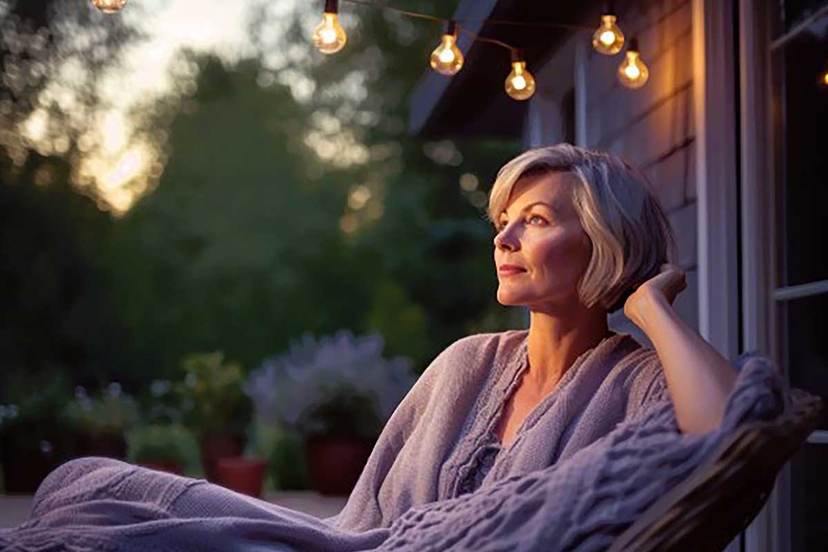 Woman lounging in a deck chair on a simple summer evening.