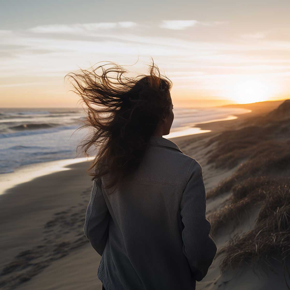 Woman taking a walk along a beach at sunrise.