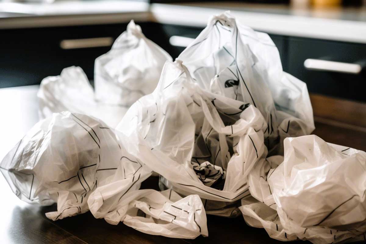 Crumpled up plastic shopping bags piled up on wooden kitchen counter.