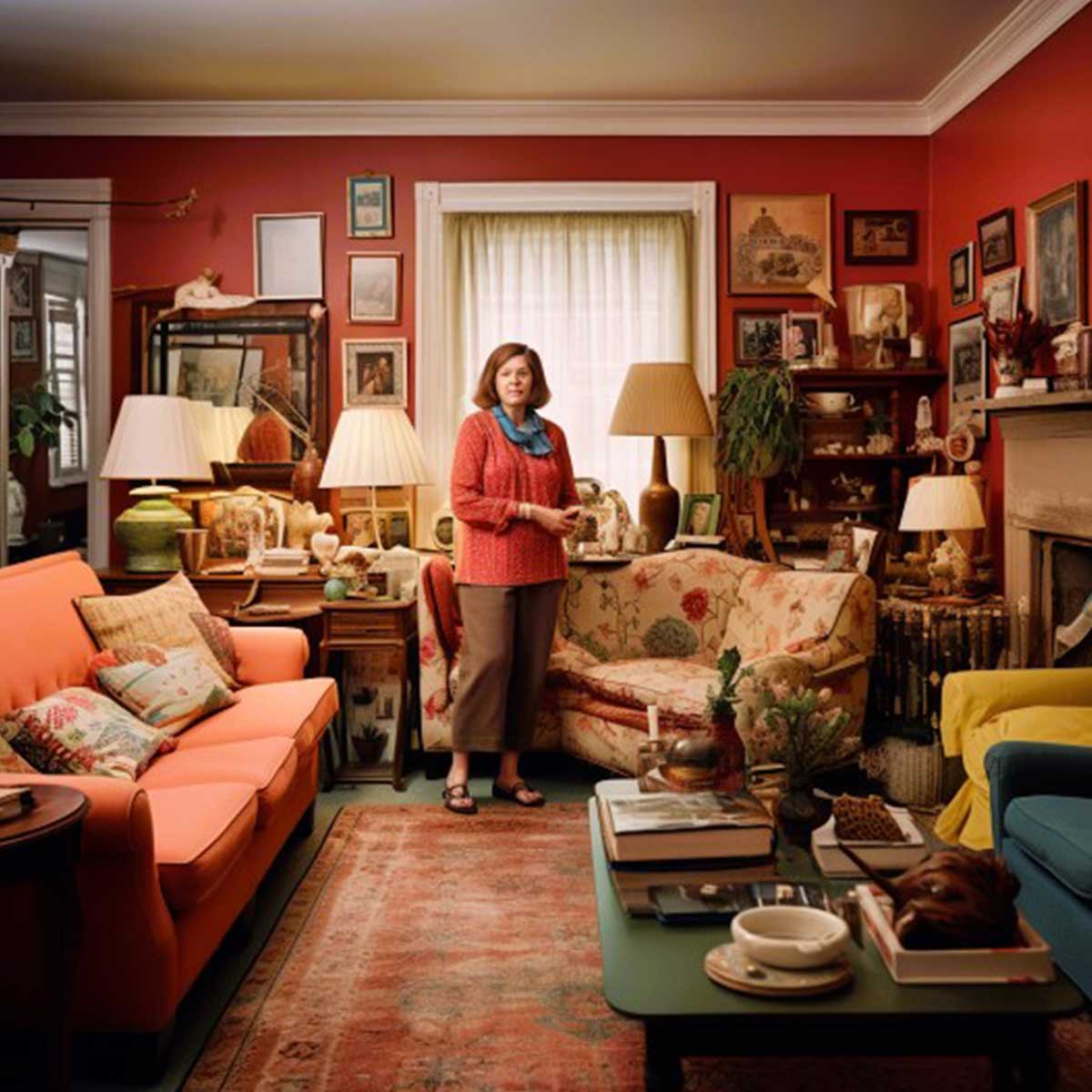 Woman standing in middle of colorful but very cluttered living room.