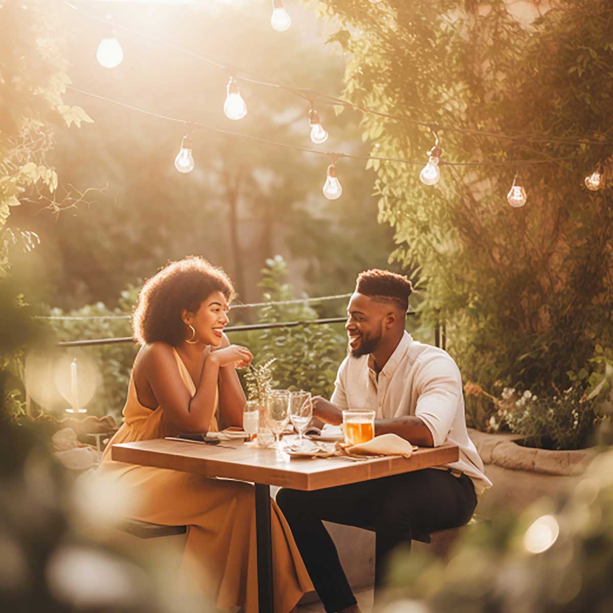 Man and woman on a dinner date on a summer evening.