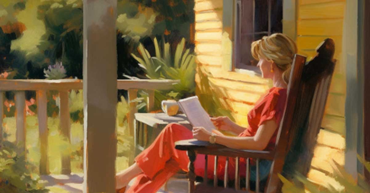 Illustration of woman reading in a rocking chair on her porch during a sunny and slow summer.