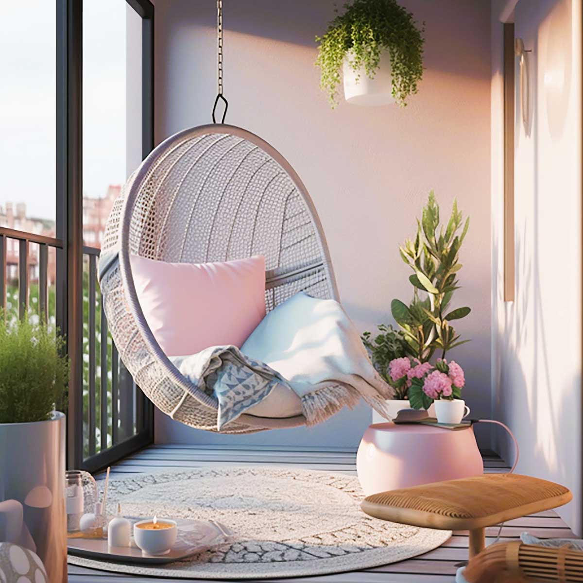 Hanging chair and other decor representing a balcony summer oasis.