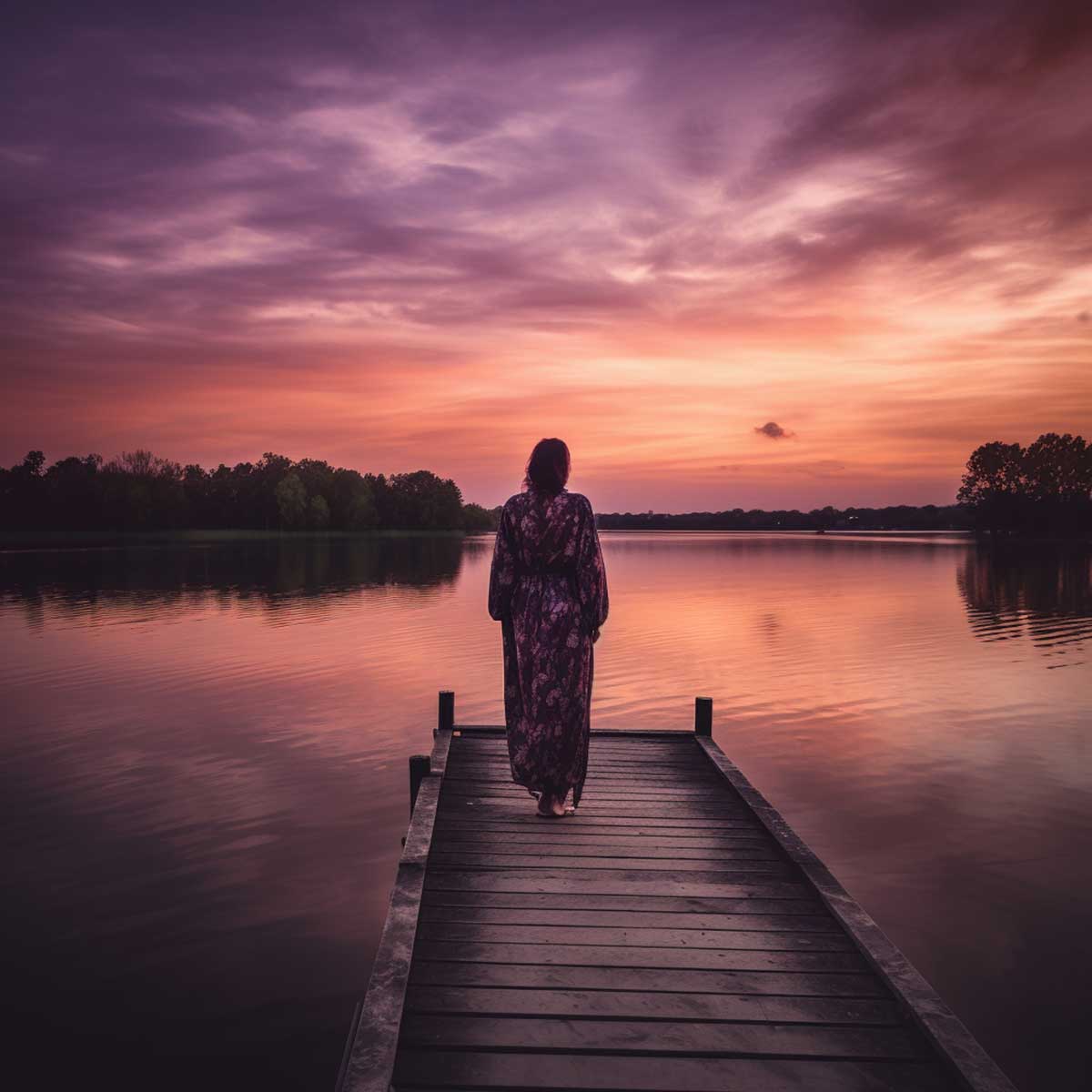 Woman in floral robe standing on a lake dock at sunrise as she begins a slow summer day.