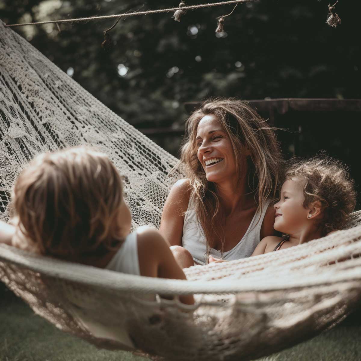 Smiling mother and two children enjoying a slow summer day in a white hammock.