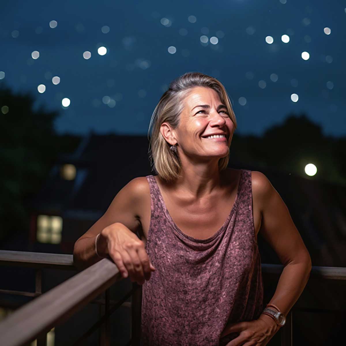 Woman smiling while gazing up at a starry summer night sky.