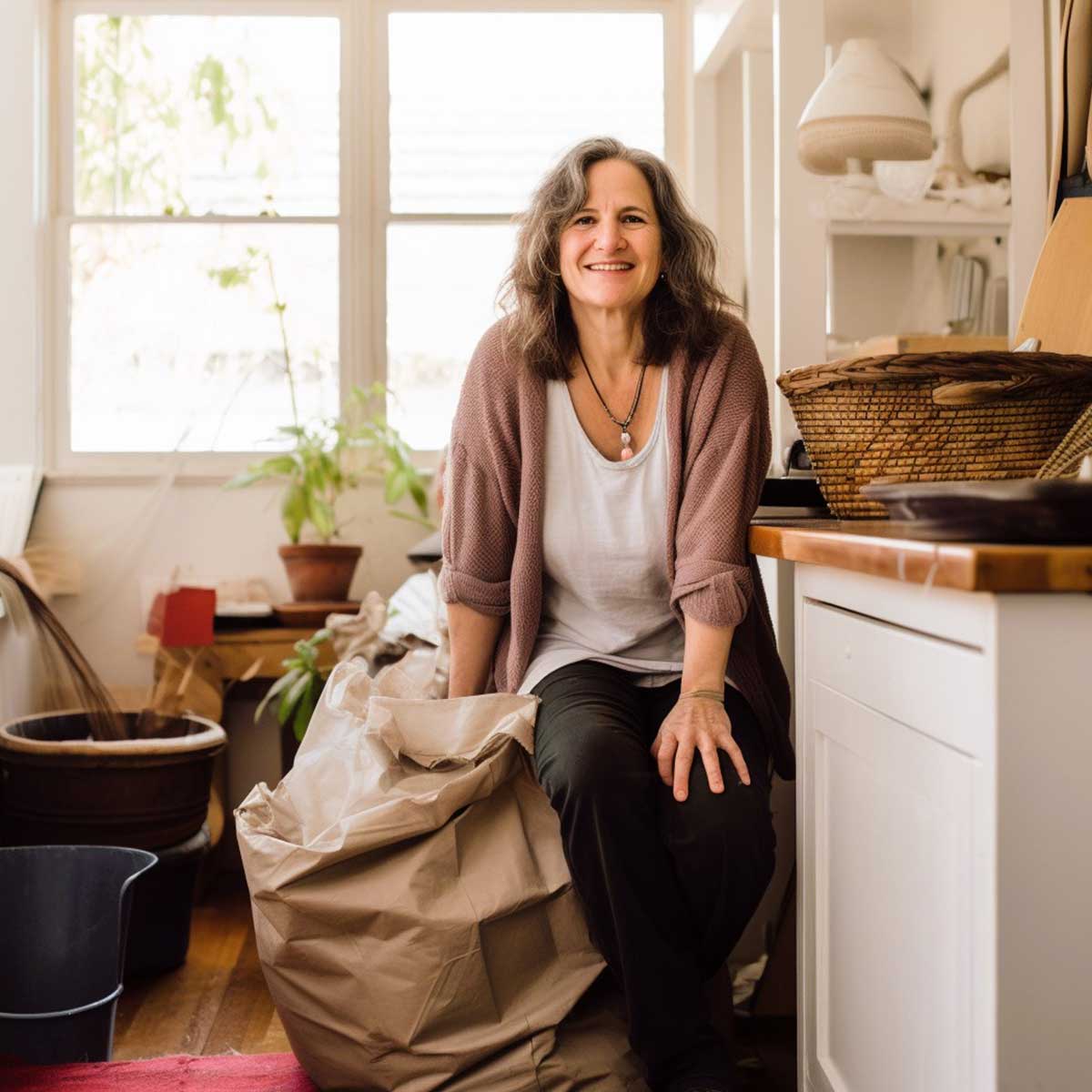 Happy woman in a partially-cleared space after overcoming decluttering burnout.