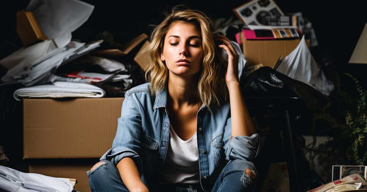 Dark background with exhausted woman experiencing decluttering burnout while sitting amidst a pile of clutter.