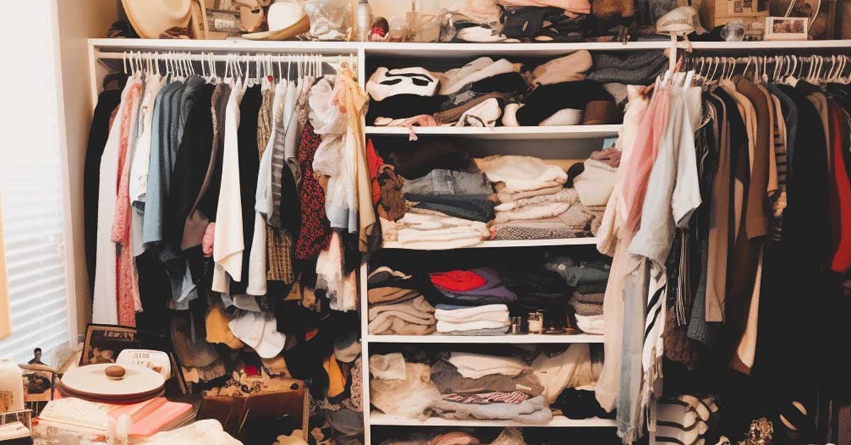 Cluttered bedroom with clothing stockpiled in fear of letting anything go because owner is on a very tight budget.