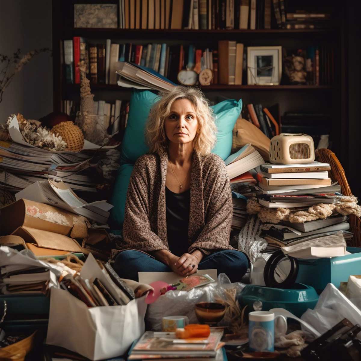 Woman feeling decluttering fatigue while surrounded by clutter in her living room.