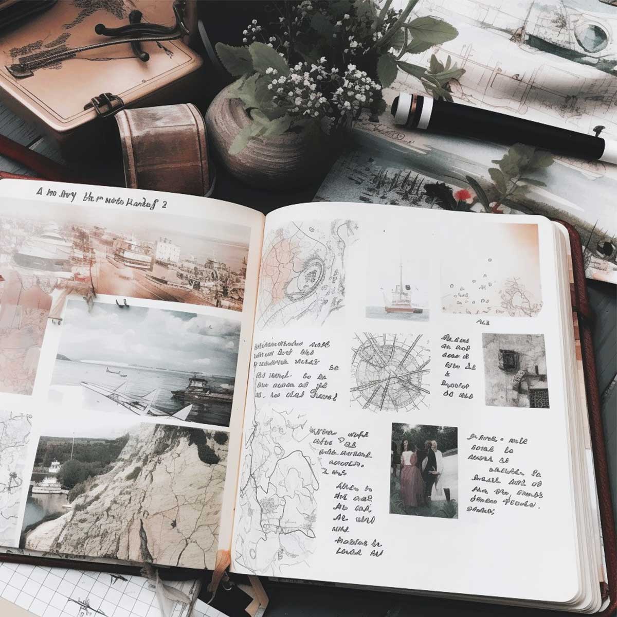 Open journal with illustrations on a table with journaling supplies.