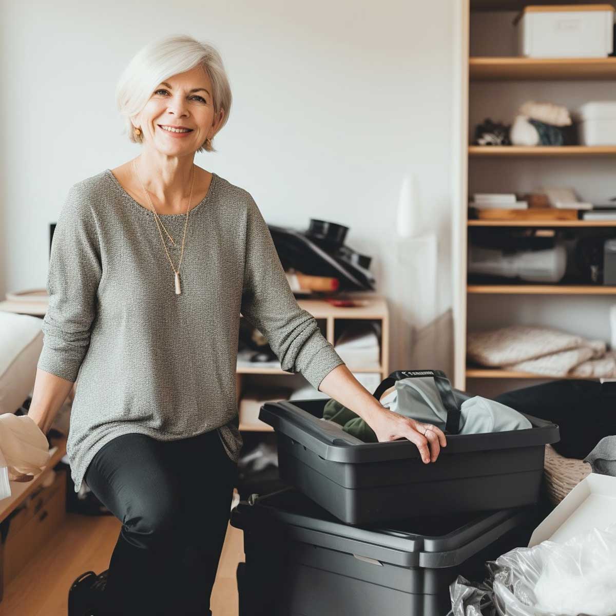 Midlife woman decluttering in a modern home.