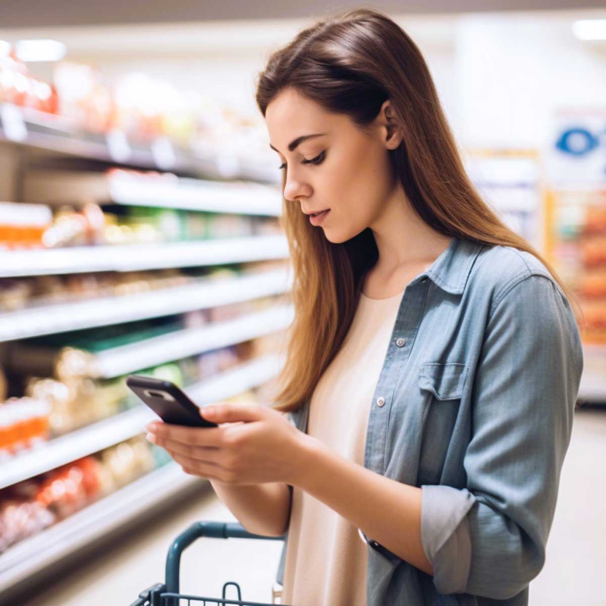 Woman standing in grocery store checking her phone for money-saving apps.