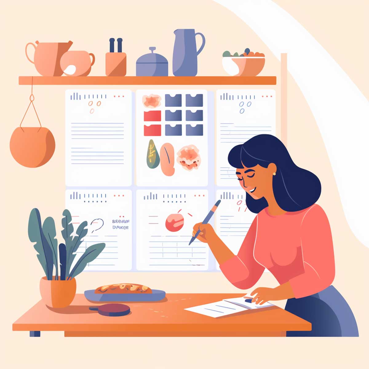 Illustration of happy woman standing at a table to plan her monthly menu.