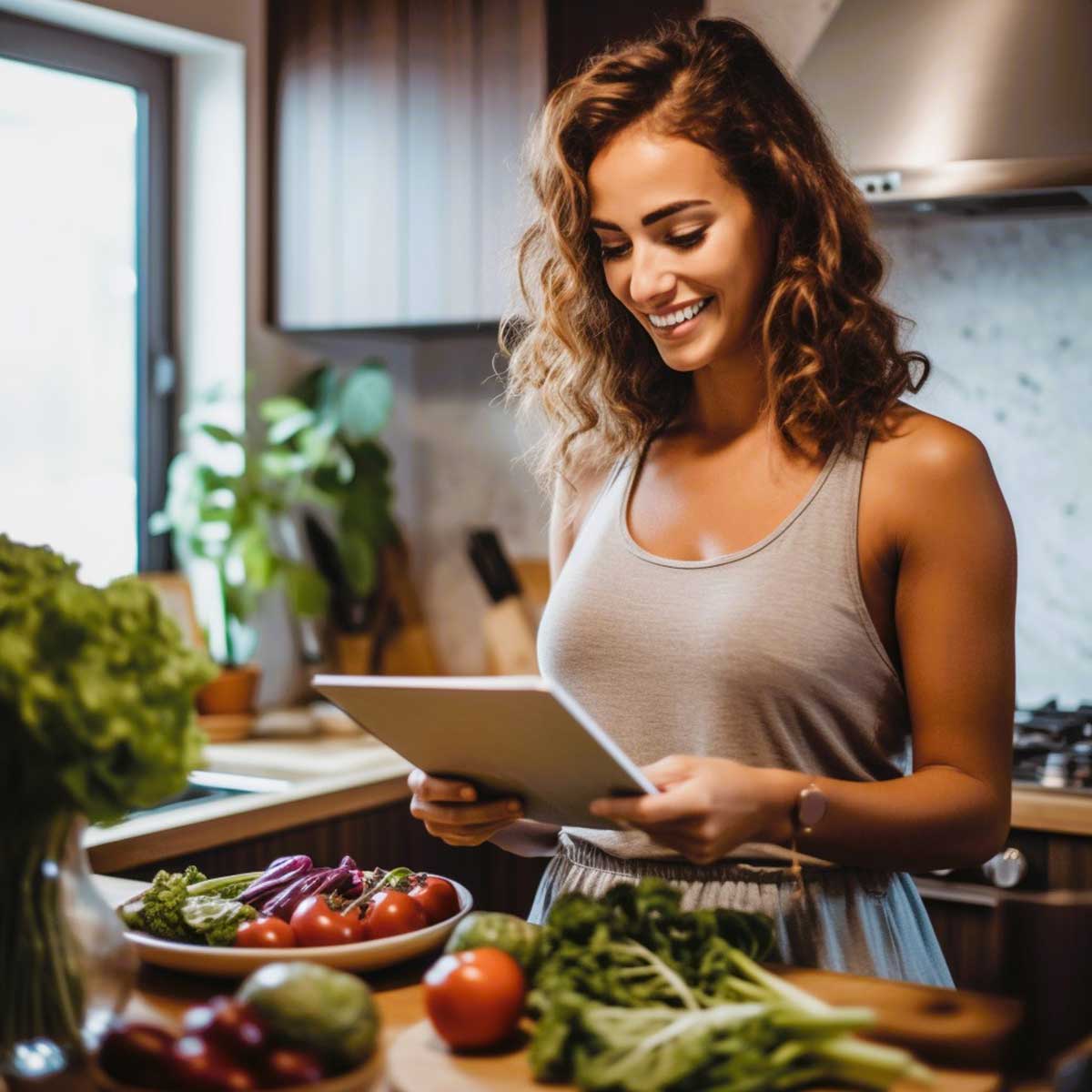 Happy woman reviewing her monthly meal planning while standing in her kitchen surrounded by fresh produce and plants.