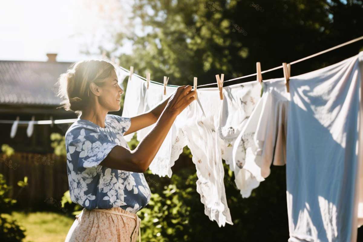 Woman hanging laundry outdoors as part of her little ways to save money challenge.