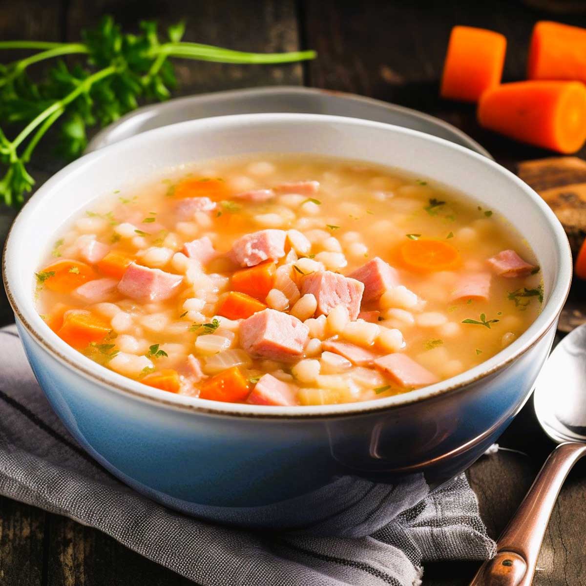 Bowl of bean soup with ham and vegetables.