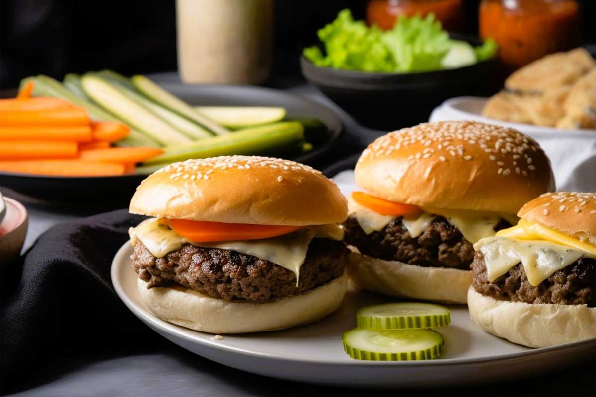 Plate of cheeseburgers with blurry background.