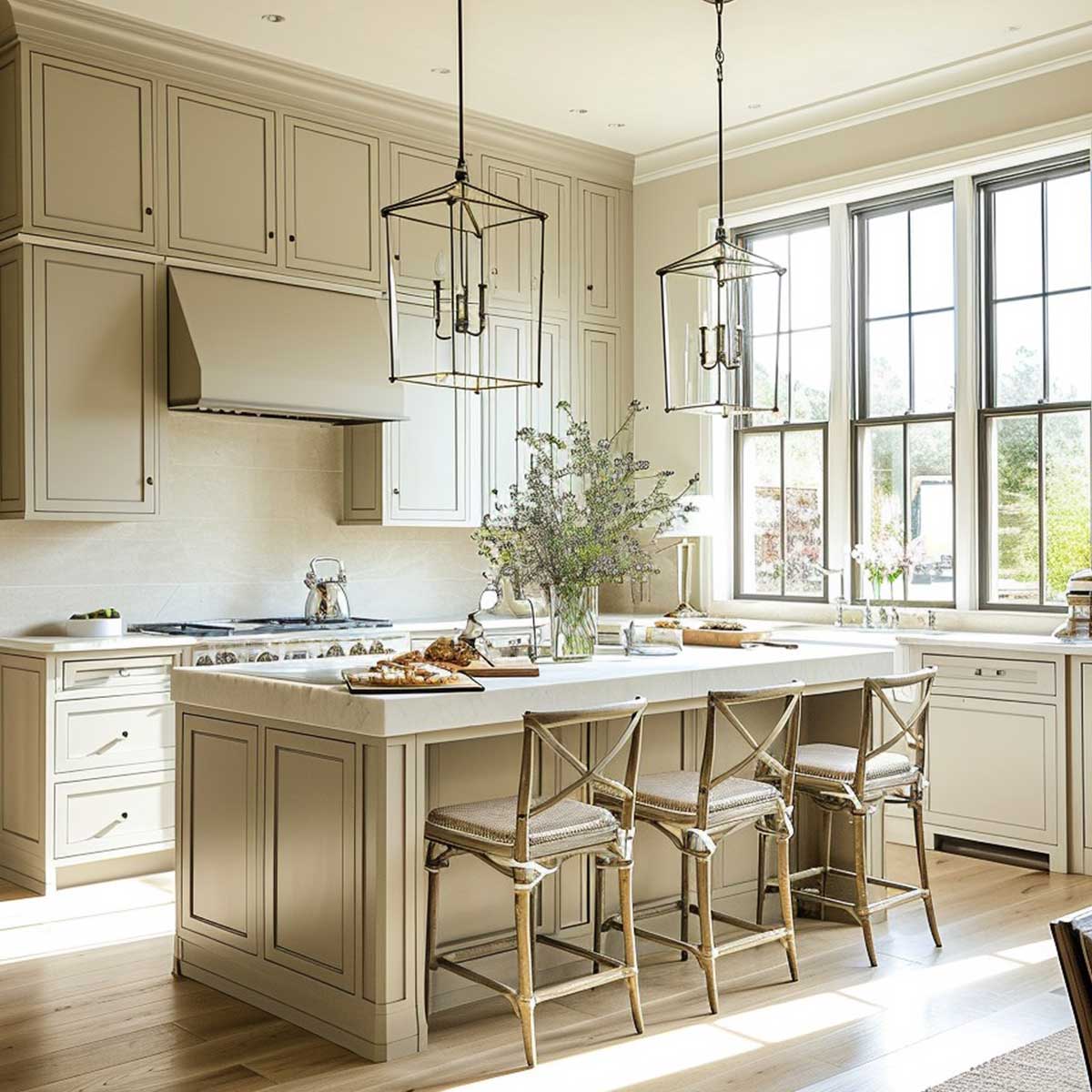 Clutter-free kitchen in neutral tones with clear countertops and minimal decor.