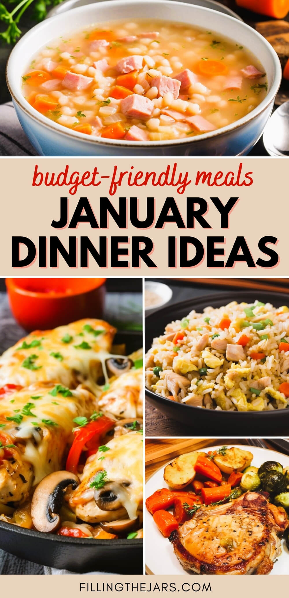 Pinterest image with text 'budget-friendly meals January dinner ideas' on beige banner over multiple finished dinner images.