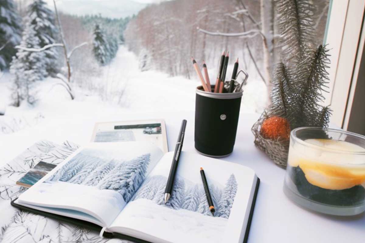 Background of winter landscape and open journals with winter drawings in front of window.