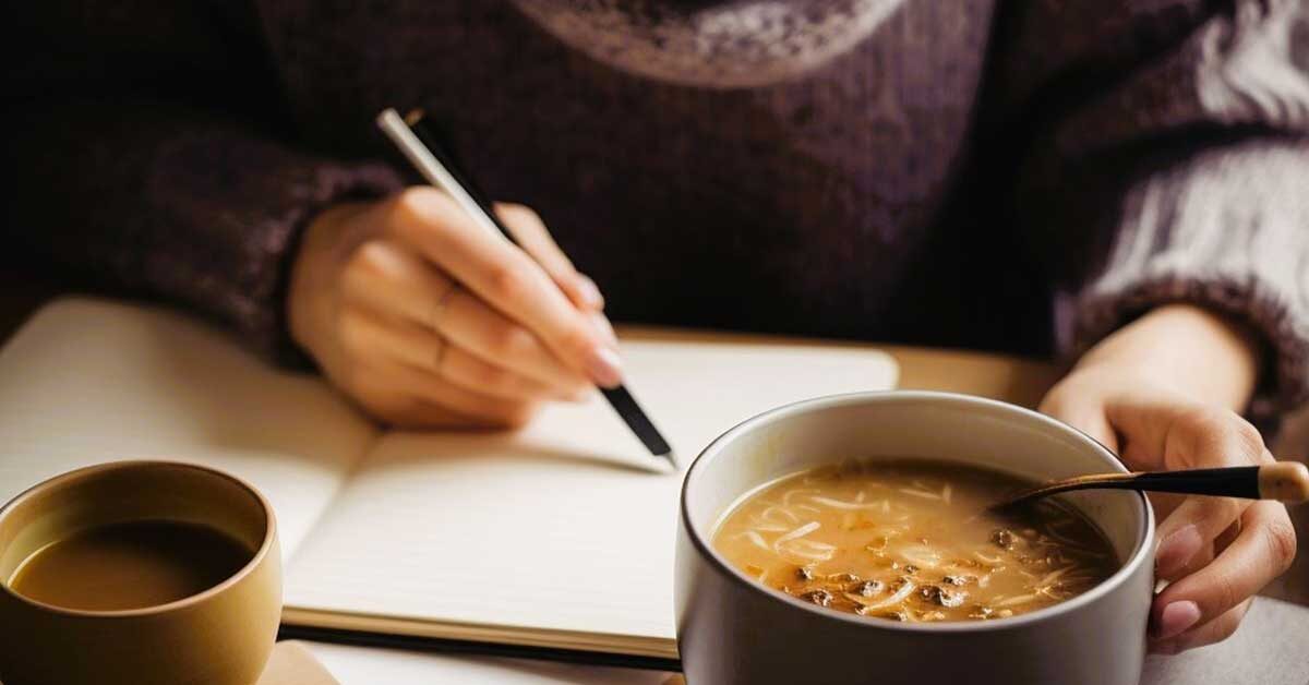 Woman in a cozy sweater making a list of January monthly menu ideas.
